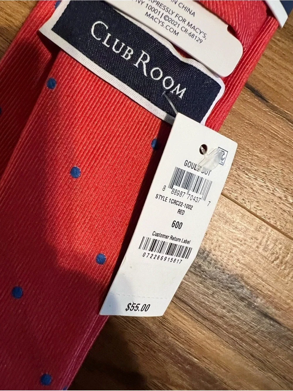 Club Room Men's Classic Dot Stripe Tie, Red, New MSRP $55